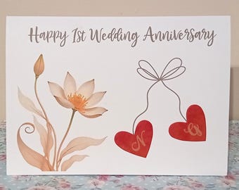 Personalised 1st Anniversary Card | Red card hearts engraved with initials