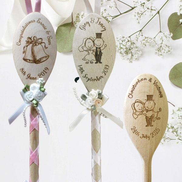 Decorated Wooden Wedding Spoon, with names and dates or short phrases and ribbons in wedding theme colours