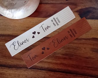 Personalised Leather 3rd Anniversary Bookmark: Engraved Names & Hearts