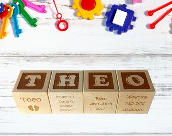 Personalised Solid Beech Baby Blocks | Engraved Keepsake, New Baby Gift