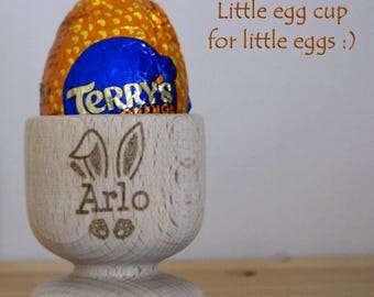 Personalised Little Wooden Egg cups for small chocolate eggs in quality beech wood