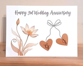 Personalised 3rd Anniversary Card | Leather hearts engraved with initials