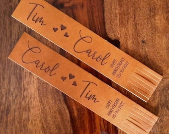 Personalised Leather 3rd Anniversary Bookmark: Engraved Names & Hearts