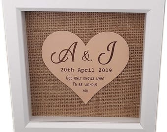 Personalised Leather Hearts mounted on hessian in a frame | Wedding Engagement or Anniversary Gift
