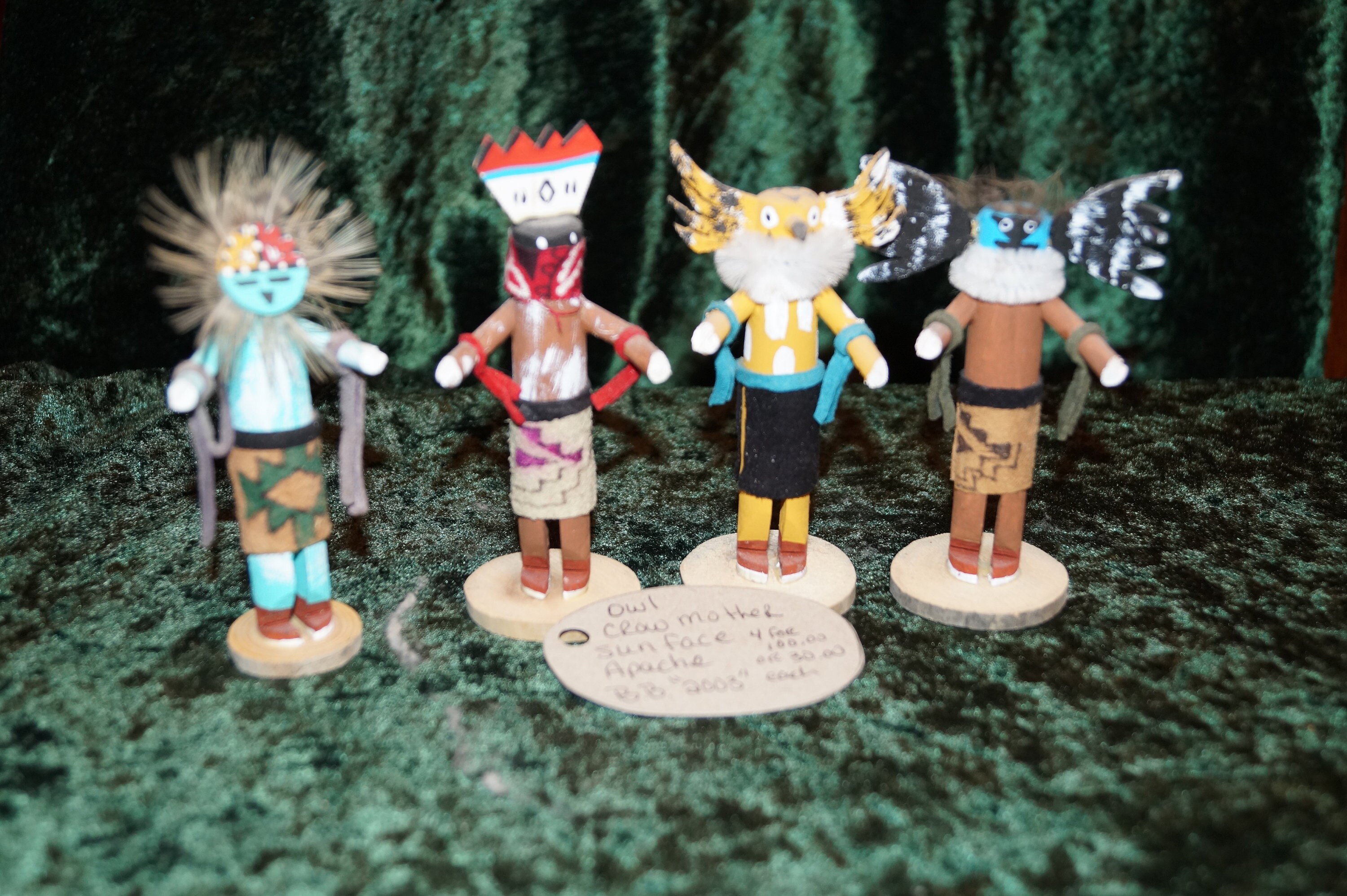 Miniature Kachina set of 4, Sunface. Apache, Owl, Crow Mother , vintage, collectable