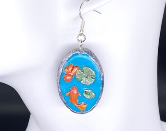 Oval Koi Earrings - Goldfish Animal Jewelry - Handcrafted Statement Pieces