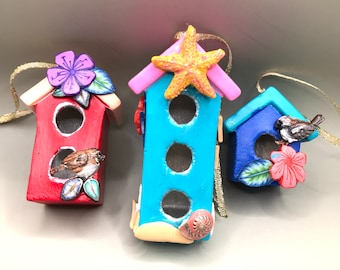 Hand-painted Birdhouse ornament set of 3, beach ornaments, birdhouse ornaments