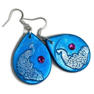 Blue peacock Polymer Clay Dangle Earrings