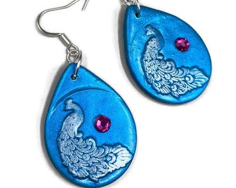 Blue peacock Polymer Clay Dangle Earrings