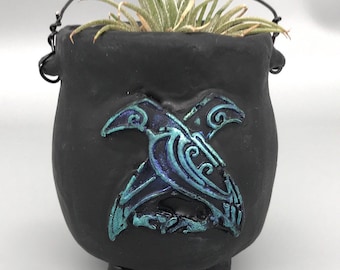 Witchy Raven Cauldron Airplant Holder - Handcrafted Polymer Clay Miniature Cauldron for Wiccan Meditation & Incense