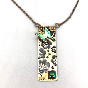 Handcrafted Floral Brass & Copper Pendant Necklace with Vintage Rhinestone Accent