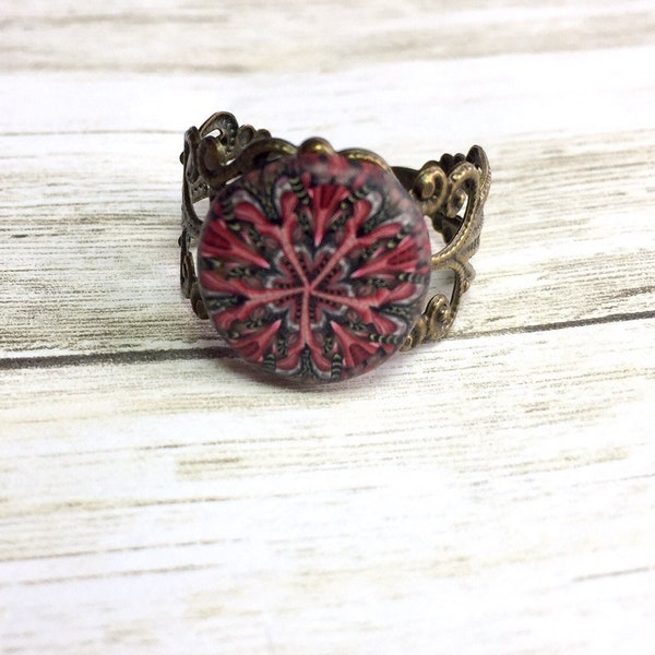 Bague bohème, bague réglable rouge et noire, bague bronze antique, bague style victorien, cadeau pour fille