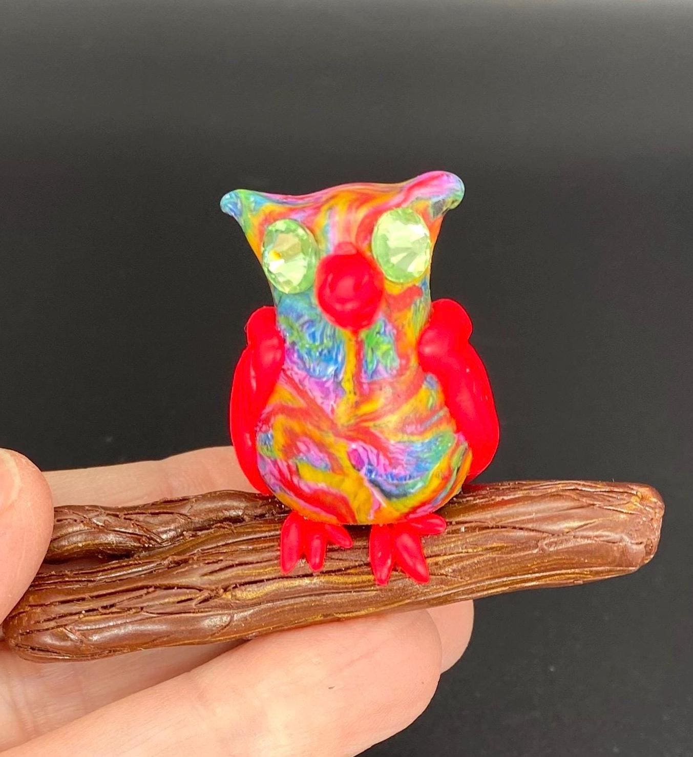 Handmade Polymer Clay Owl Figurine: Swarovski Rhinestone Eyes