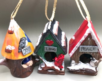 Gnome ornament set of 3, birdhouse ornament, Christmas tree ornament, hand painted