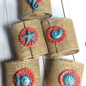 Coastal Charm: Coral and Blue Burlap Beach Napkin Rings - Perfect Housewarming & Christmas Gift
