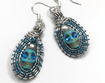 Blue skull earrings, skull dangle earrings, goth skull earrings, Halloween earrings, skull jewelry