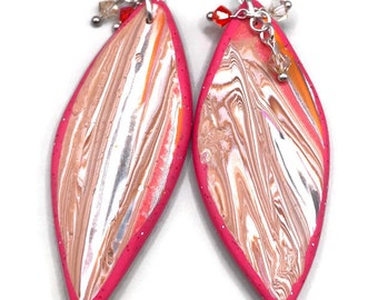 Boho earrings, striped dangle earrings, earrings with Swarovski crystals, oval earrings, polymer clay jewelry