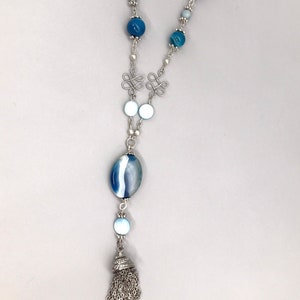 Blue Tassel necklace, Blue Agate Necklace, stone jewelry, Blue Necklace, Beaded Necklace, blue sweater Necklace
