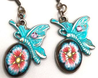Butterfly earrings, floral Dangle Earrings, Butterfly Jewelry, Patina earrings