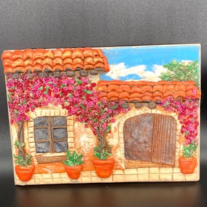 Handmade Rustic Mexican Hacienda, 5×7″ Polymer Clay Painting on Wood Panel