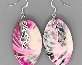 Kokopelli earrings, pink earrings, pink Dangle earrings, pink and white earrings, oval earrings, gift for her