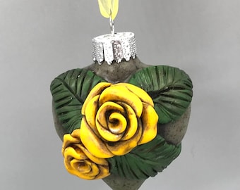 Handcrafted Yellow Rose Ornament, Polymer Clay Floral Decor for Home or Gifts
