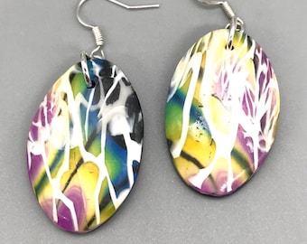 Boho earrings, abstract earrings, dangle earrings, oval earrings, polymer clay, gift for her