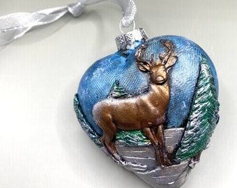 Artisan Deer Tree Ornament, Handcrafted Polymer Clay Design on Glass