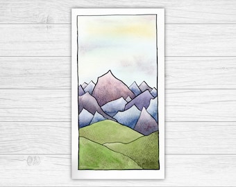 Pink, Purple and Blue Mountains Original Watercolour Painting | Landscape Watercolour | Mountain Art | Wall Art