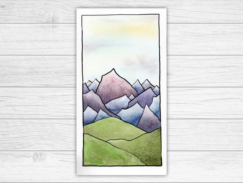 Pink, Purple and Blue Mountains Original Watercolour Painting Landscape Watercolour Mountain Art Wall Art image 1