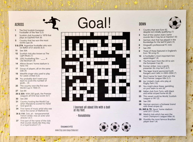Goal Printable Crossword Football soccer Themed Crossword Etsy