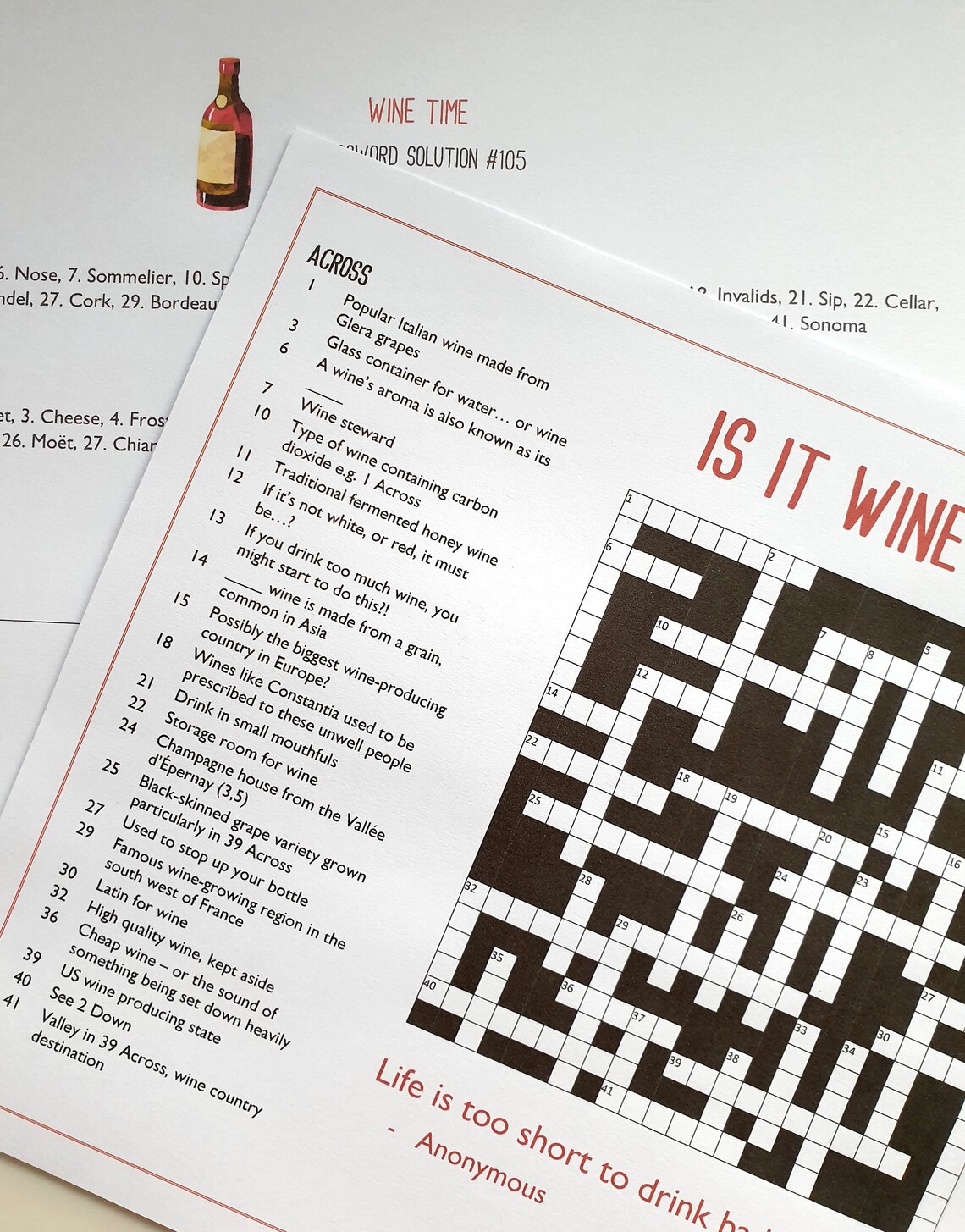 Wine Time Printable Crossword Wine Themed Crossword Puzzle Etsy