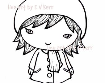 Winter Girl Cutie – Digital Stamp, Scrapbooking, Hand Drawn, Illustration, Printable, Colouring Page, Digital Image, Instant Download