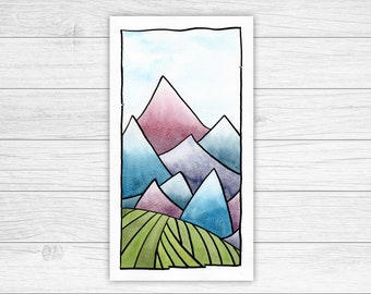 Pink and Blue Mountains Original Watercolour Painting | Landscape Watercolour | Mountain Art | Wall Art