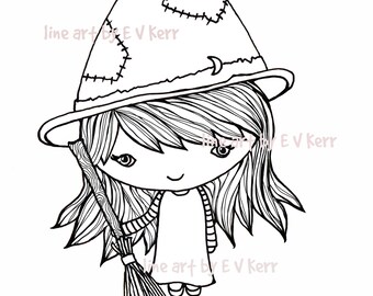 Cute Witch Digital Stamp Drawing Instant Download