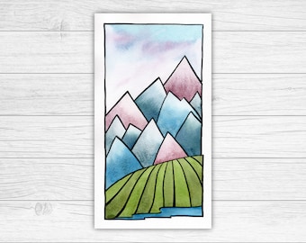 Mountains, hills and river original watercolour painting | Landscape Watercolour | Mountain Art | Wall Art