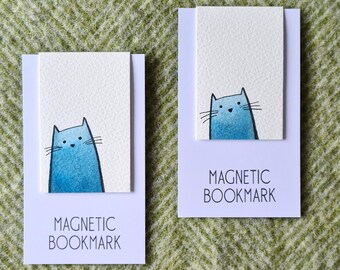 Blue Cat Magnetic Bookmark: Hand-Painted Watercolor Design
