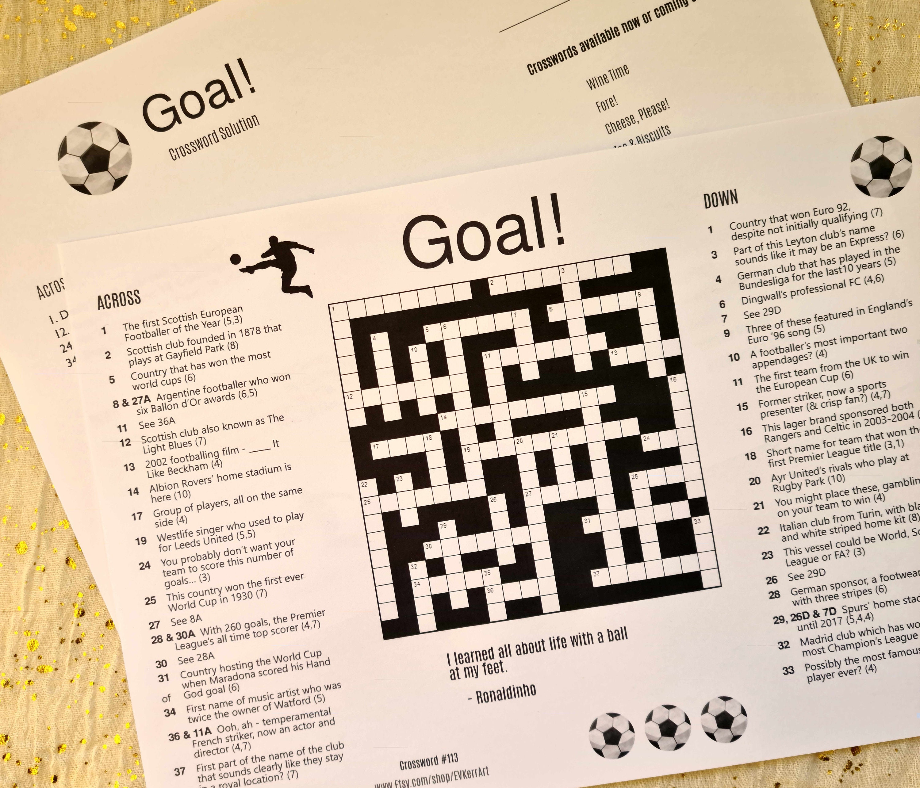 Goal Printable Crossword - Football (soccer) Themed Crossword Puzzle - Etsy