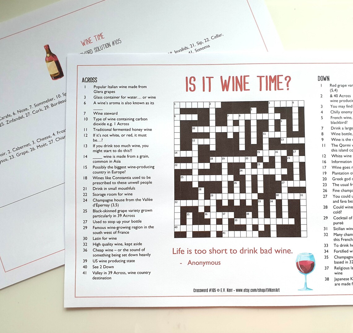 Wine Time Printable Crossword Wine Themed Crossword Puzzle Etsy