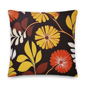 Marvista Mid-Century Style Brow Yellow Floral Pattern Throw Pillow Pillow Cushion | Modernist Accent Cushion | Scandinavian Throw Pillow