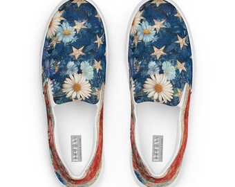 Star-Spangled Bloom Slip-On Canvas Sneakers | Patriotic Floral Shoes | American Flag Inspired Casual Sneakers