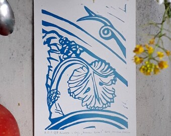 Stone Vine Linocut: Renaissance Cathedral Art, Blue Printmaking