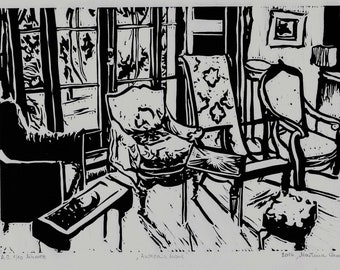 Victorian Interior Linocut Print: Black and White English Living Room Art