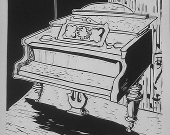 Linogravure pour piano. Un grand instrument vintage. Impression d'art originale en noir et blanc faite à la main.