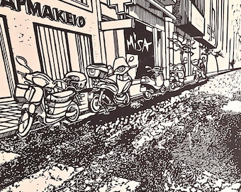 Héraklion, Crète, linogravure, scène de rue grecque, paysage urbain noir et blanc, art mural méditerranéen