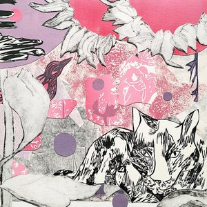 Original Collage Art, Pink Purple Cat Wall Art, Eclectic Animal Artwork, Unique Handmade Work