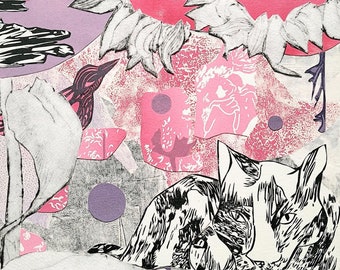 Impression collage originale : « Dans le zoo » - rose, violet, chat, oiseaux, tournesols (50 x 40 cm)