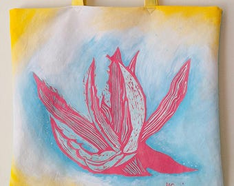 Cabas en linogravure en agave rose, cabas d'art en toile peinte à la main, sac doublé fait main