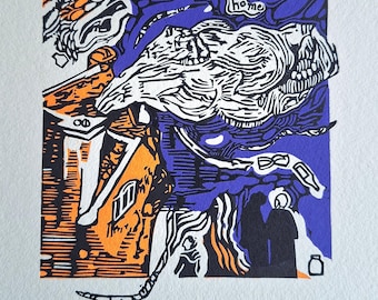Original Color Linocut Print – Dreamlike Home Wall Art, Limited Edition (10 Prints)