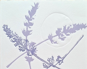 English Lavender Linocut Print with Embossing | Original Botanical Art | Deckled Edge Nature Wall Decor